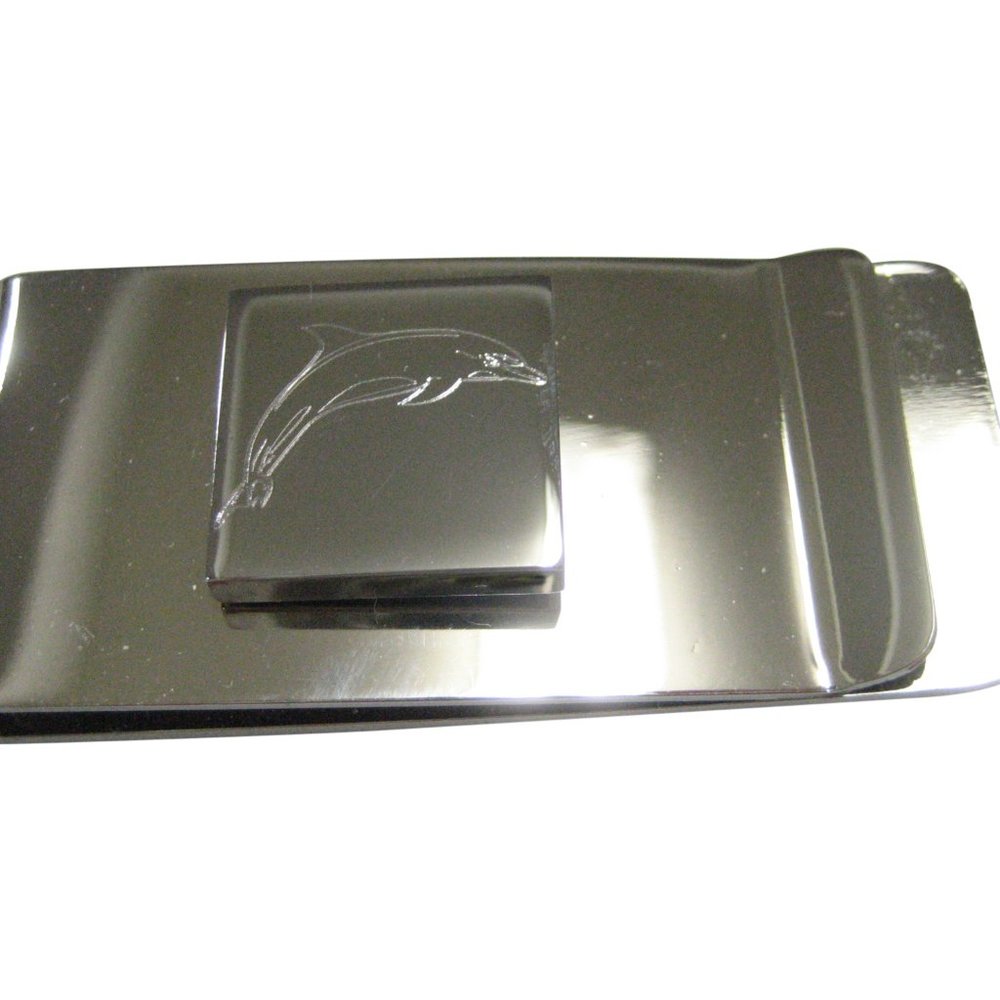 Silver Toned Square Etched Dolphin Money Clip